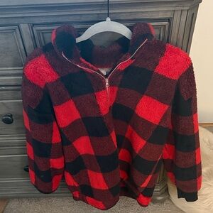 LOFT Red and Black Checkered Fleece jacket